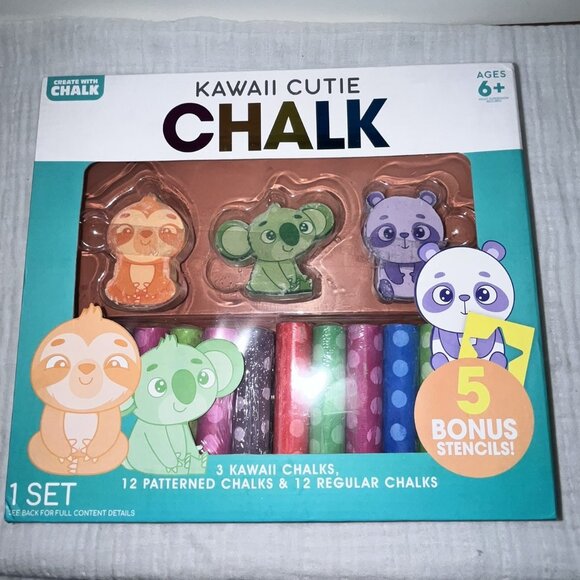 KAWAII CUTIE Chalk Set NIB - Washable - Multicolored - 32 Piece Set w/ Stencils - Picture 1 of 8